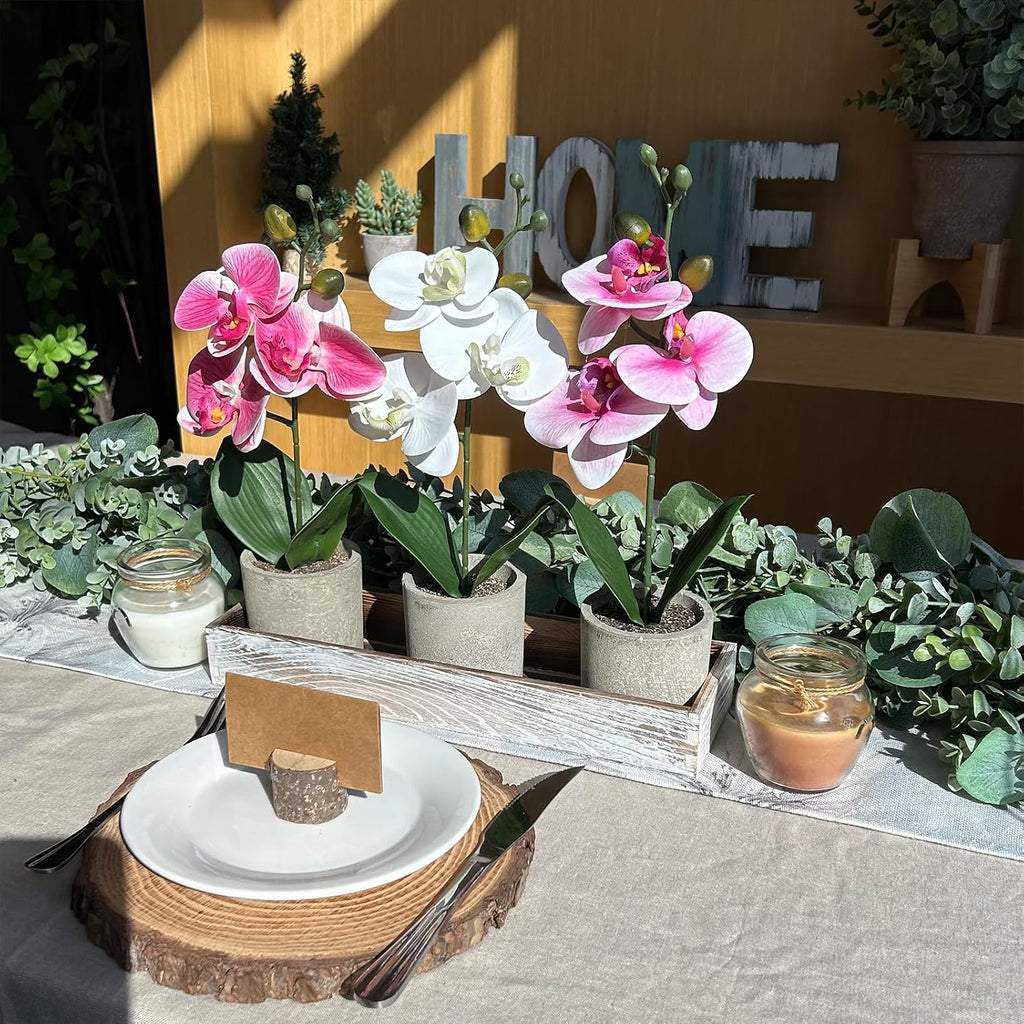 Small Artificial Orchid Potted Plants Arrangement with Rustic Wood Planter Box Real Touch Faux Phalaenopsis - Set of 3