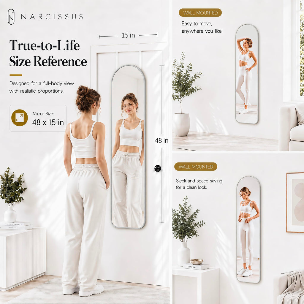 47x14 Over The Door Full Length Mirror or Wall Mounted Silver