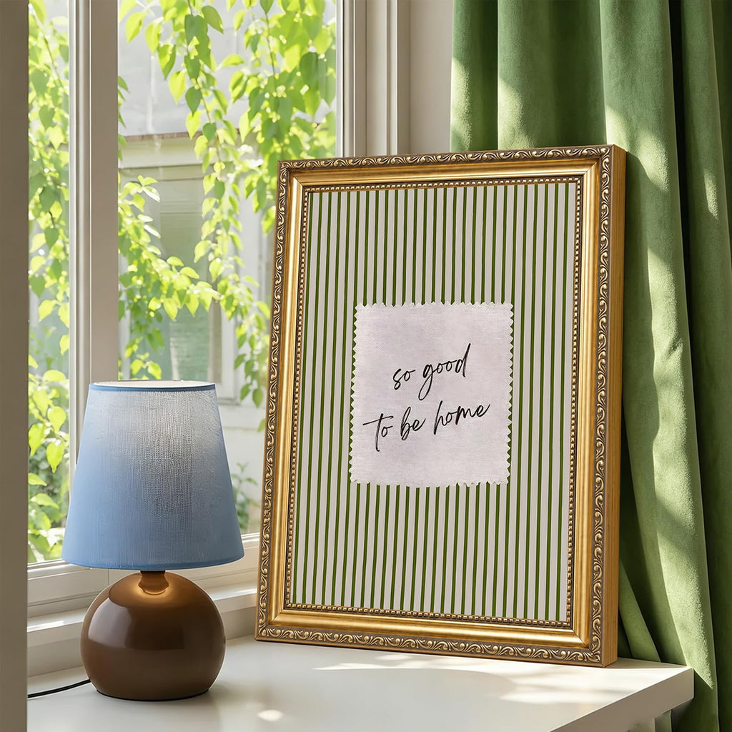 So Good To Be Home Wall Art, Vintage Gold Framed Sage Green Striped Pictures Wall Decor, Family Inspirational Quote