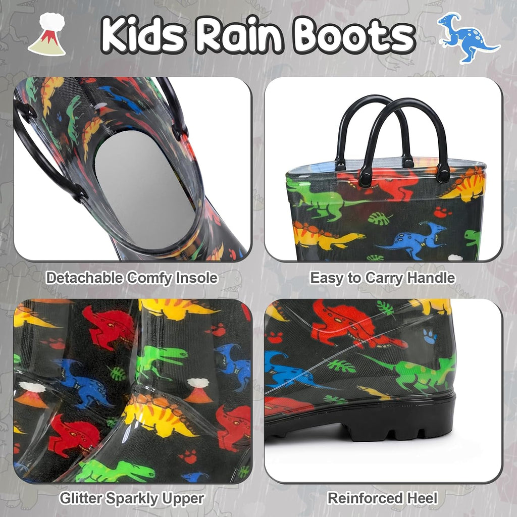Kids Rain Boots for Boys Rain Boots Dinosaur Shark Rainboots Toddler Boy Waterproof Lightweight Easy-On Handles