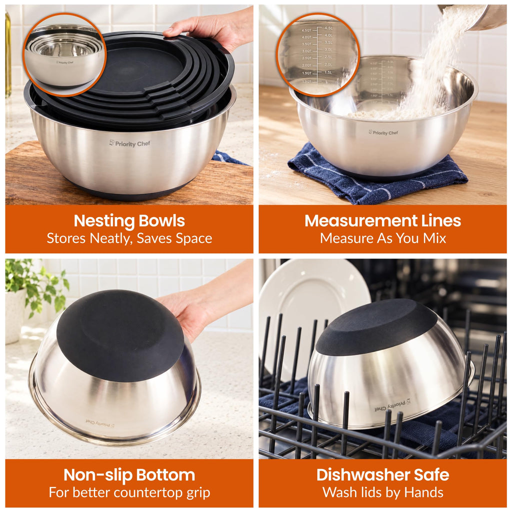 Premium Mixing Bowls with Airtight Lids Set, Thicker Stainless Steel, Black
