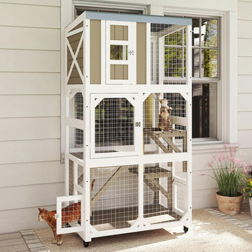 64" H Large Wooden Catio Outdoor Cat Enclosure with Wheels