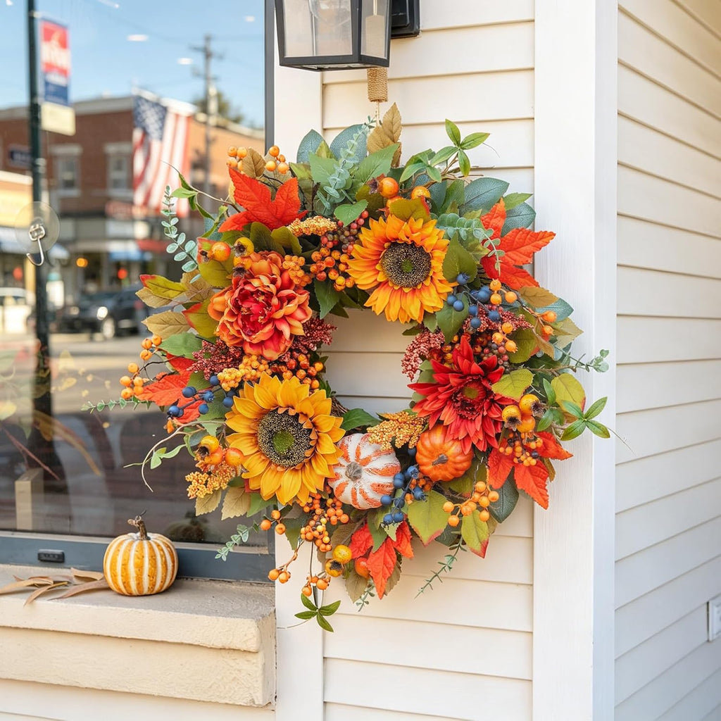 24 Inch Harvest Fall Wreaths for Front Door Outside with Sunflowers