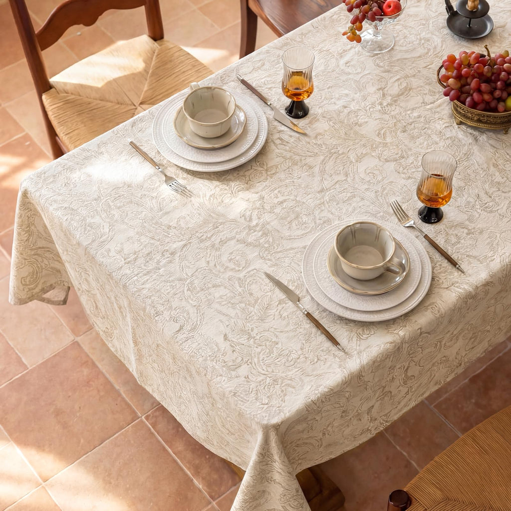 Rectangular Beige Tablecloth 60x108 Inch, Cotton Polyester Thick Washable Fabric Table Cloth, Jacquard Modern