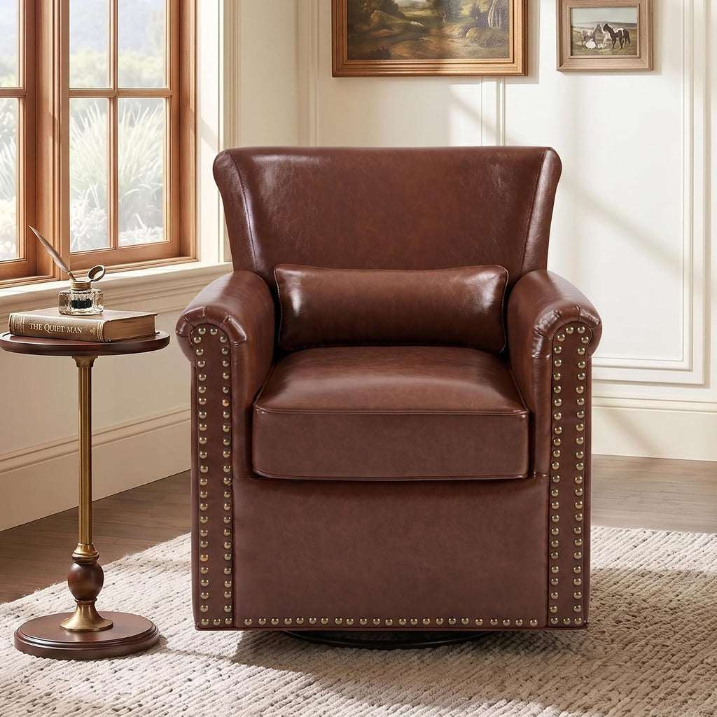 360° Swivel Accent Chair, Genuine Leather Swivel Barrel Chair, Brown