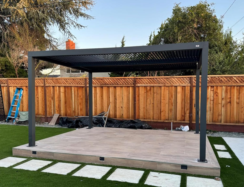 Louvered Pergola 94AS 10' x 14' Outdoor Aluminum Pergola with Adjustable Roof for Deck Backyard Garden Grey Hardtop