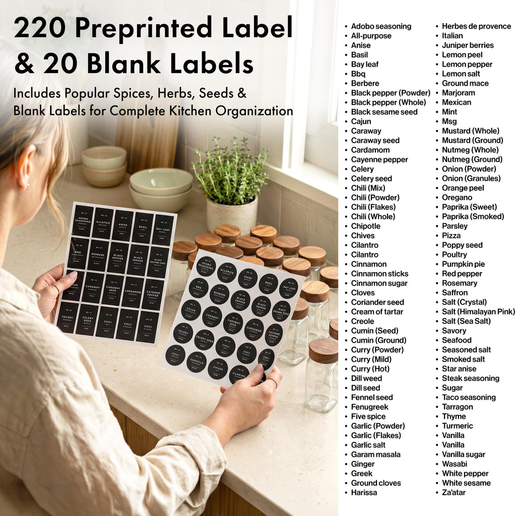 Glass Spice Jars with Label, 24x Acacia Wooden Lids - Black Labels