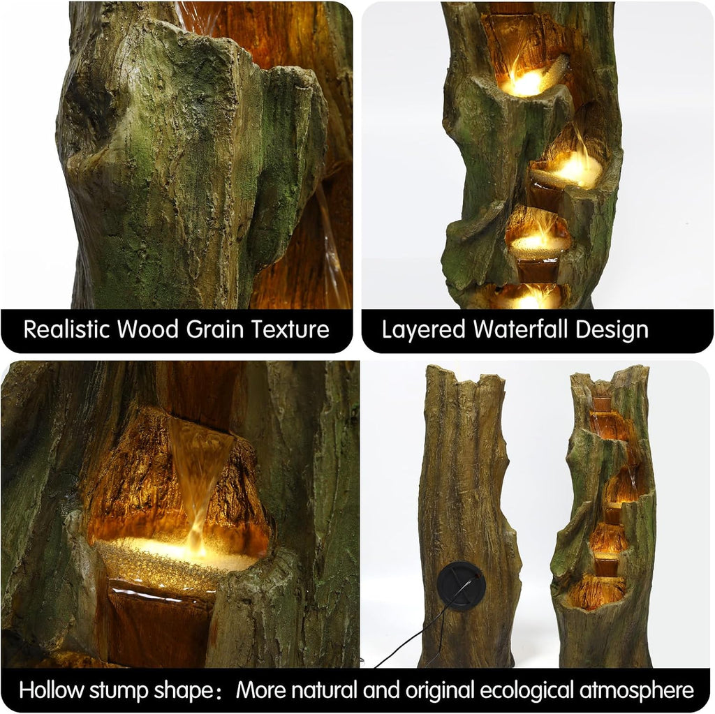 Rustic Tree Stump Fountain with LED Light, Resin Outdoor Garden Decor | Tall resin tree stump fountain with cascading