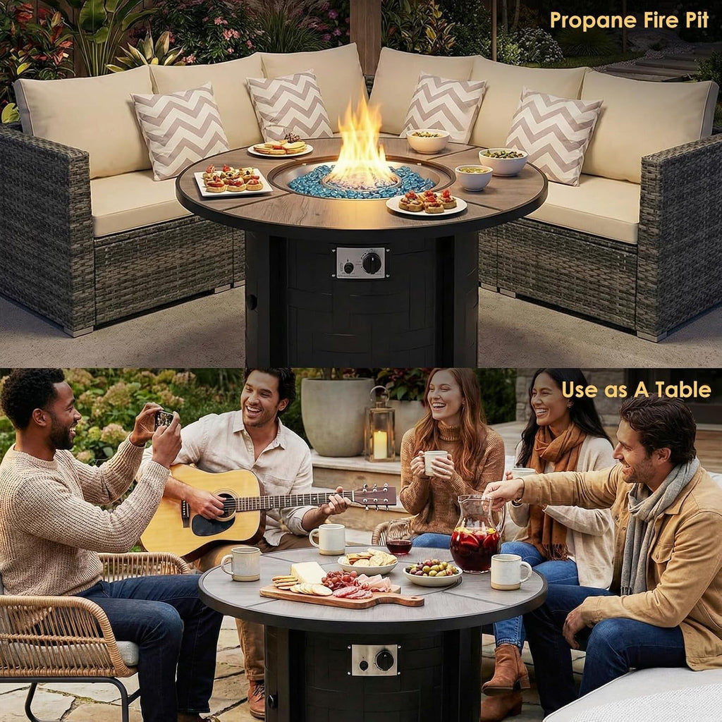 42-Inch Round Propane Fire Pit Table, 50,000 BTU, Gray | Round Gas Fire Table with Blue Fire Glass; Lid Restores