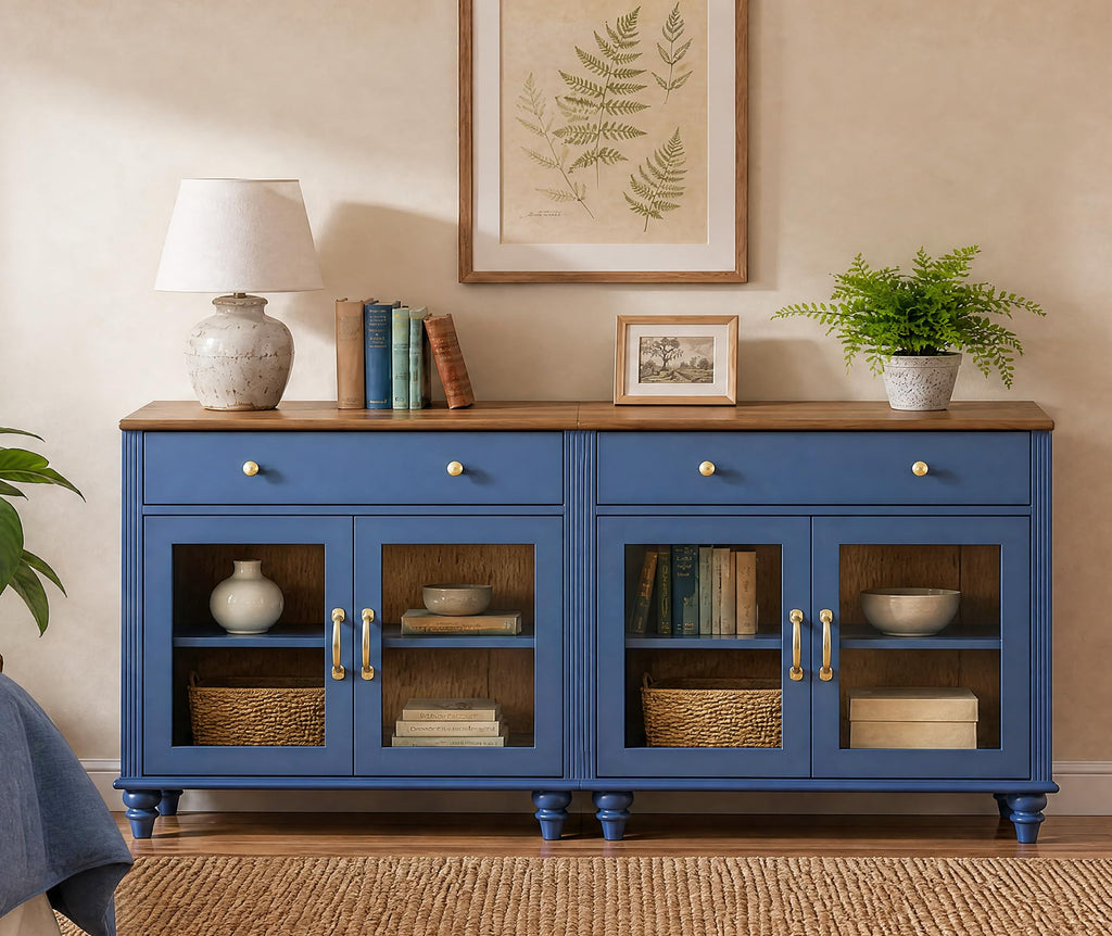Sideboard Buffet Cabinets with 4 Glass Doors, Blue