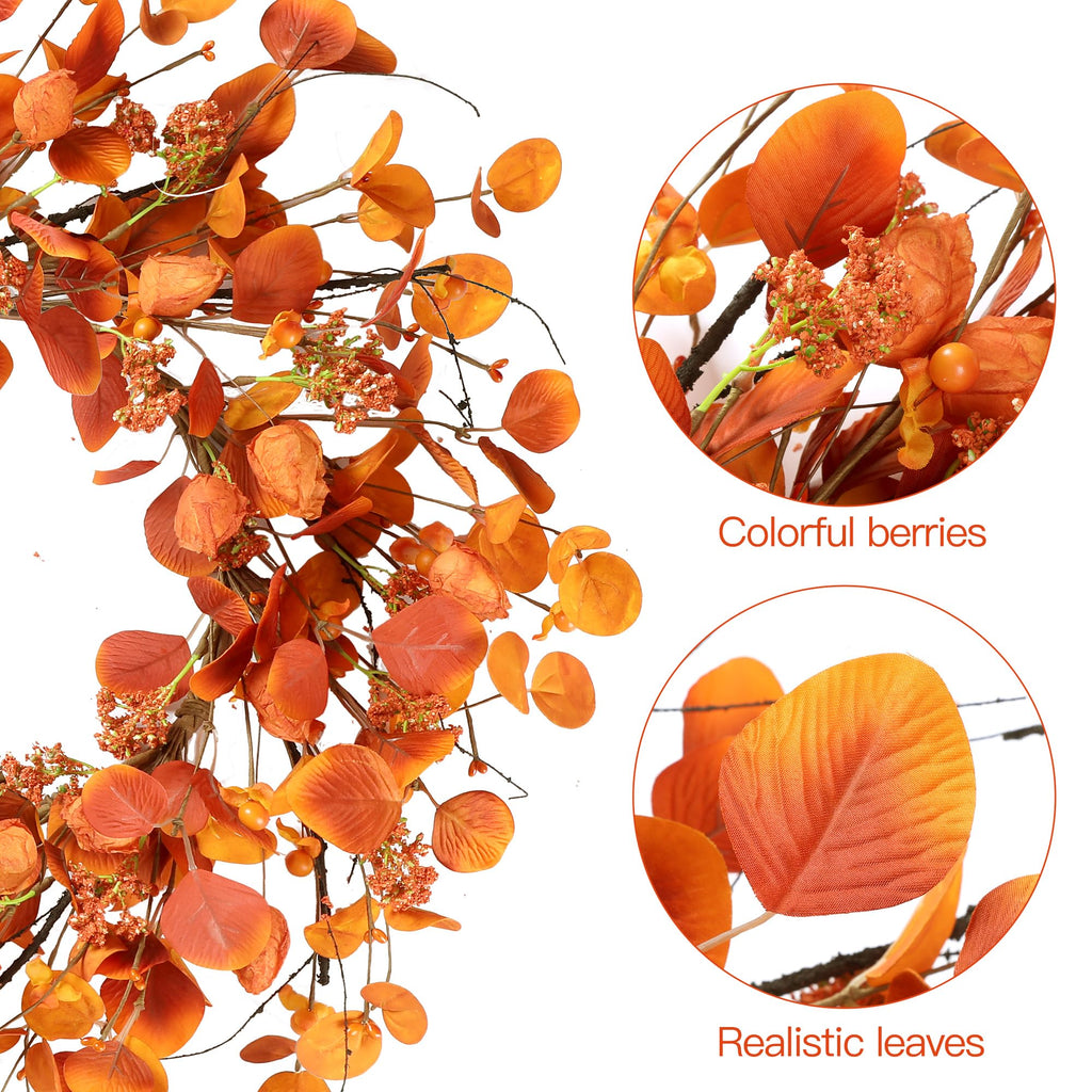 Fall Wreath 20'' Autumn Harvest Wreath with Eucalyptus Berries, Silk Orange Leaves, Cape Gooseberries for Outside