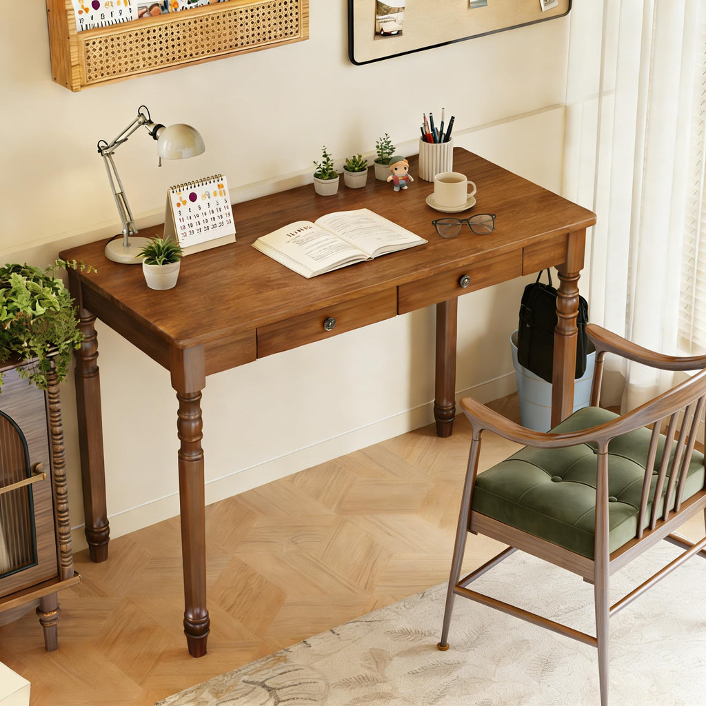 100% Solid Wooden Desk with Drawers - 47.2" Mid Century Modern Desk with 2 Hooks, Vintage Writing Desk with Drawers
