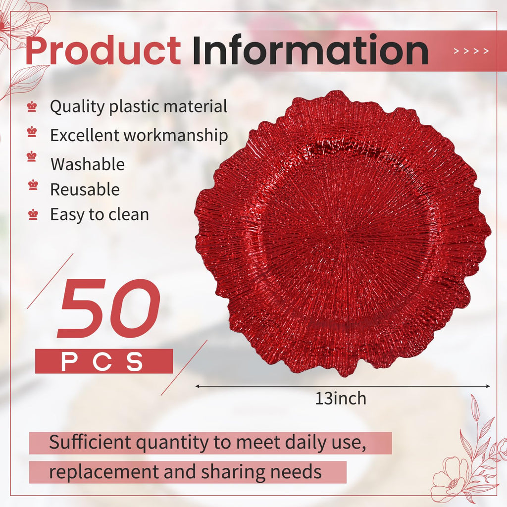 50 Pcs Red Charger Plates Bulk, 13" Reef Plate Chargers