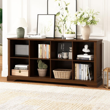 8 Cube Storage Organizer, 62" Long Low Horizontal Bookshelf, Walnut