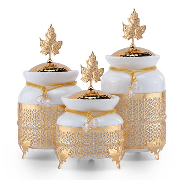 Canisters Sets for the Kitchen, Ceramic Kitchen Canisters for Countertop with Metal Leaf Lids, Sugar Containers for