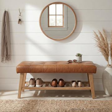 Entryway Shoe Bench Storage Benches with Upholstered Button Tufted Seat and Open Slatted Shelf PU Leather Ottoman
