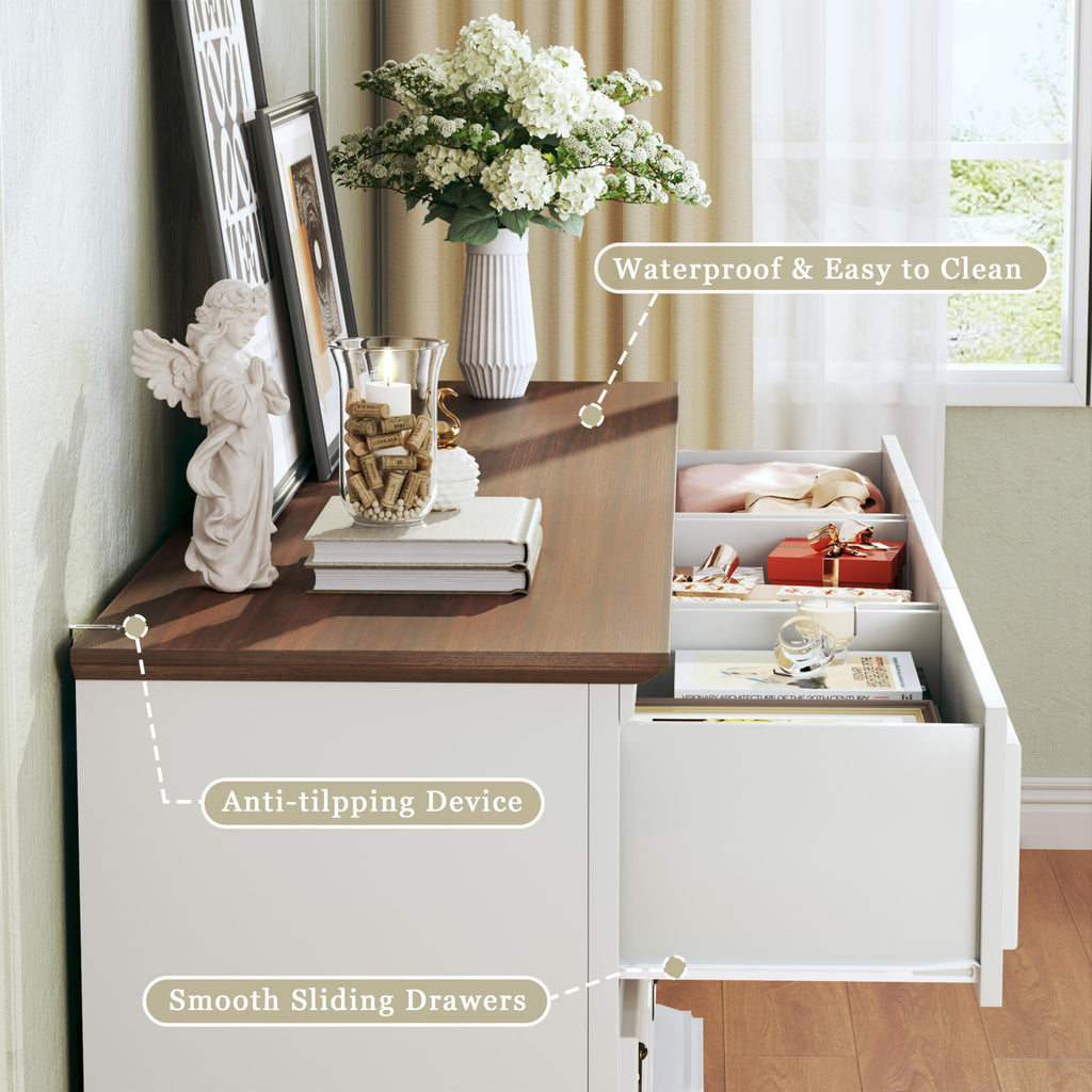 Farmhouse Dresser with 9 Drawers, 60" White Storage Chest of Drawers with with Roman Column, Wood Dresser