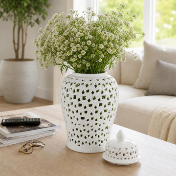 Pierced Lattice Ginger Jar with Lid - Hand-Painted Stoneware Ceramic Decorative Vase Decor - Modern Centerpiece