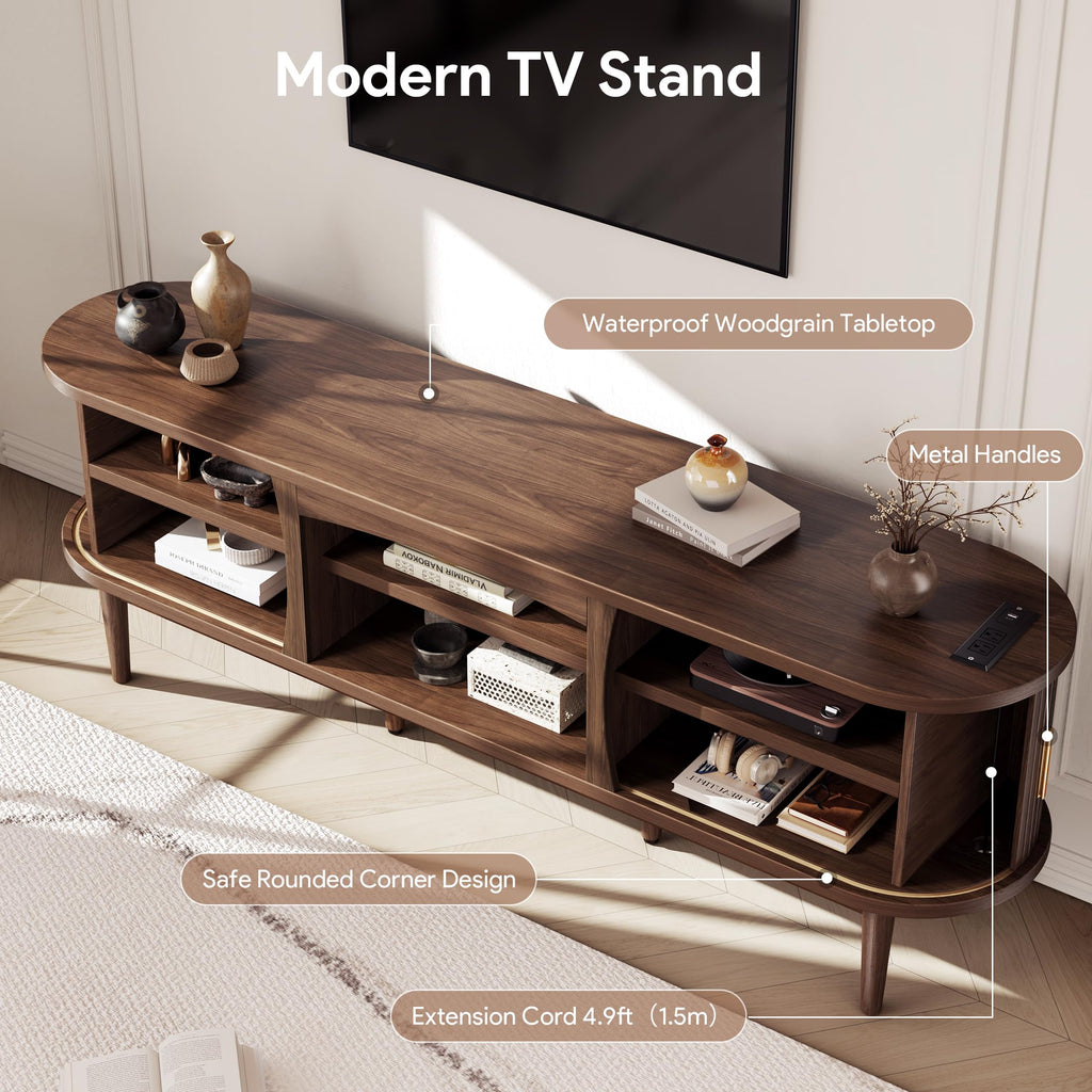 Mid Century TV Stand for TVs up to 80 Inches, Entertainment Center with Storage, Power Outlet, Fluted Sliding Doors &