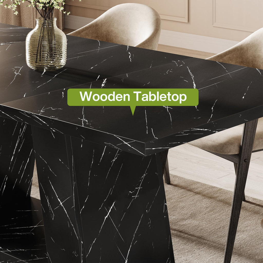 Inspired Saarinen Style Dining Table for 4-6 People, 63 Inches Dining Room Table with Wooden Triangle Pedestal Base, Black Faux Marble