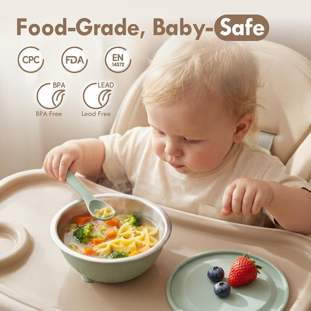 Baby Bowls with Suction, Stainless Steel & Silicone Toddler Bowls with Lids, Seamless One-Piece Design Silicone Bowls