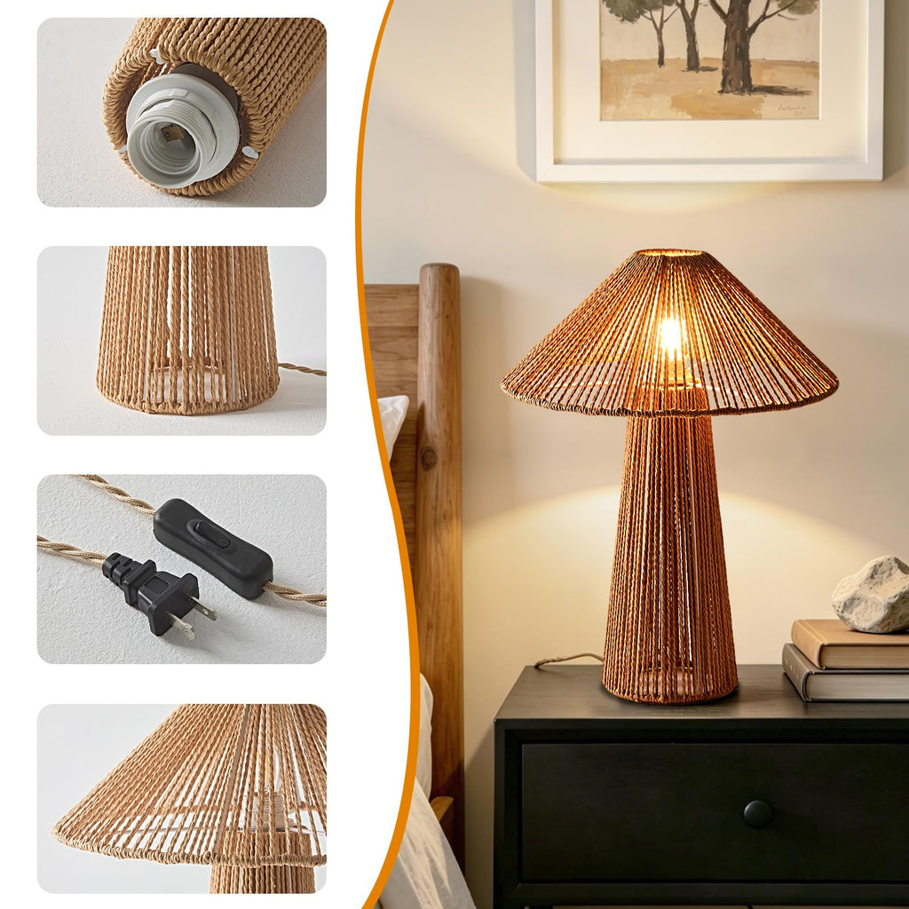 20"Boho Table Lamp Plug in Large Rattan Desk Lamp 3 Color Adjustable Classic Wicker Woven Nightstand Lamp Living Room