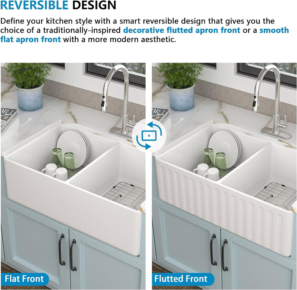 33 White Farm Sink Double Bowl - 33"×20" Apron Front Farmhouse Sink Reversible Double Bowl 50/50 Ceramic Porcelain