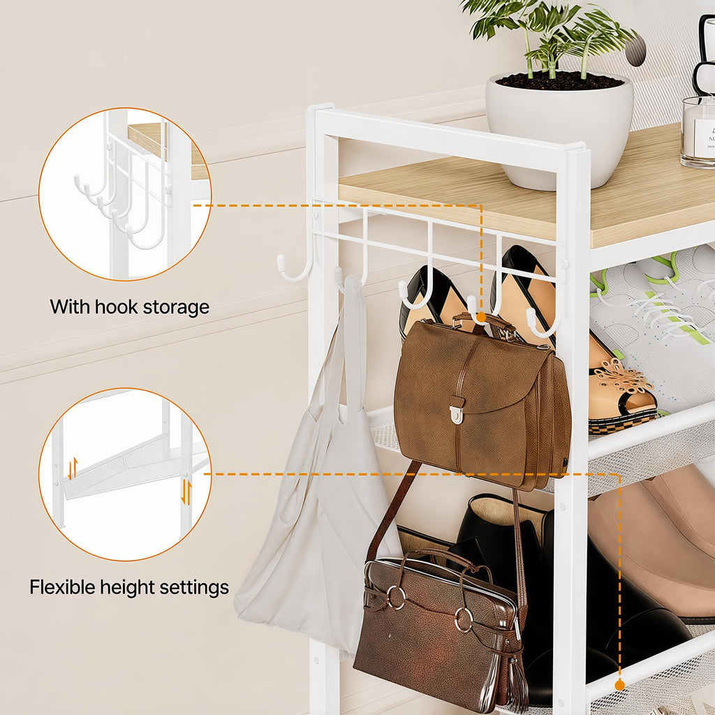 4 Tier Shoe Rack, Shoe Rack with Hook, Shoe Organizer with Adjustable Mesh Shelves, Metal Shoe Storage, Closet