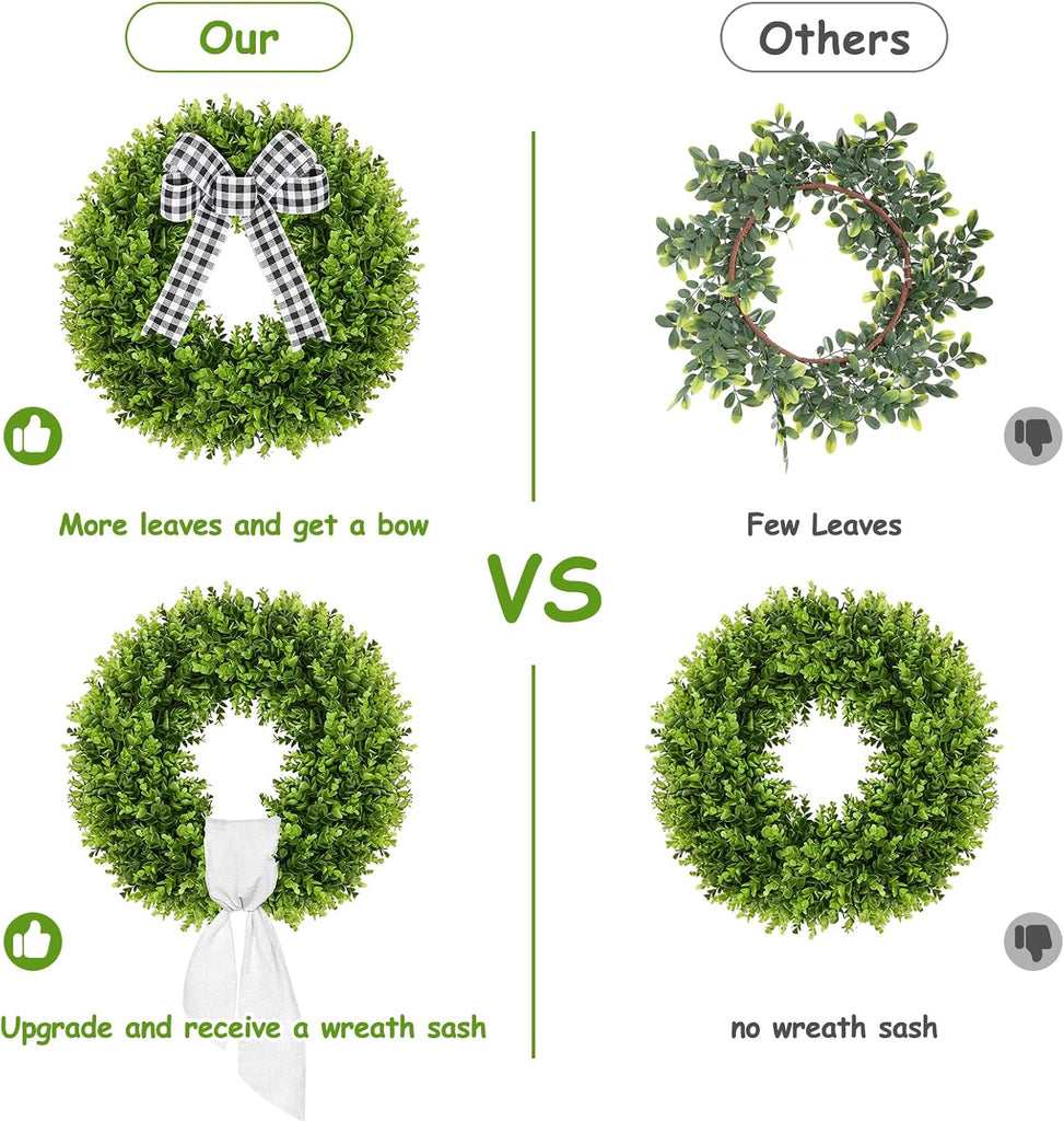 20" Boxwood Wreath for Front Door with Sash & Plaid Bow, Full Lush Artificial Greenery Wreath for Spring Summer