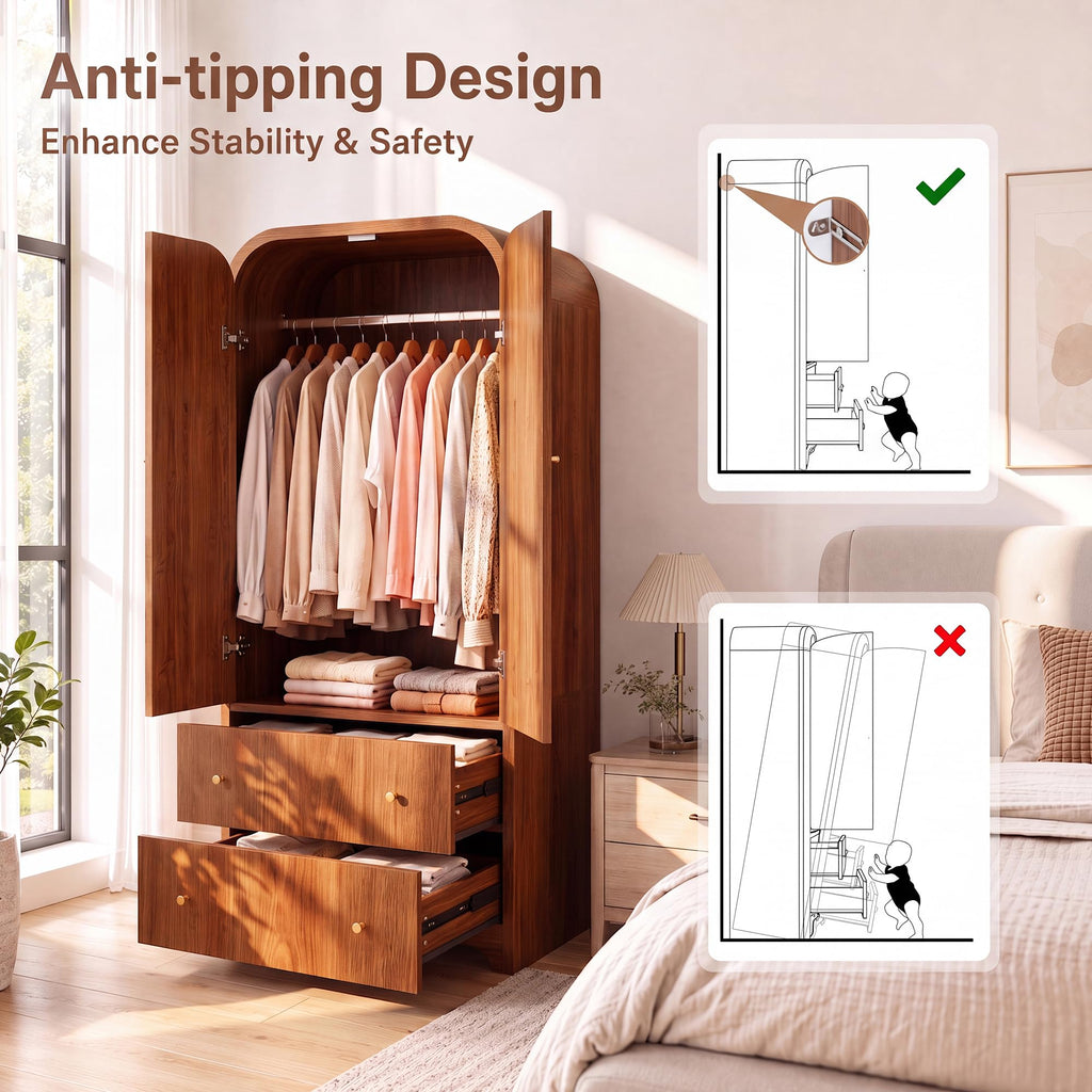 Arched Armoire Wardrobe Closet, 70" Wooden Wardrobe Cabinet with 2 Drawers, Hanging Rod, 2 Doors Clothing Storage