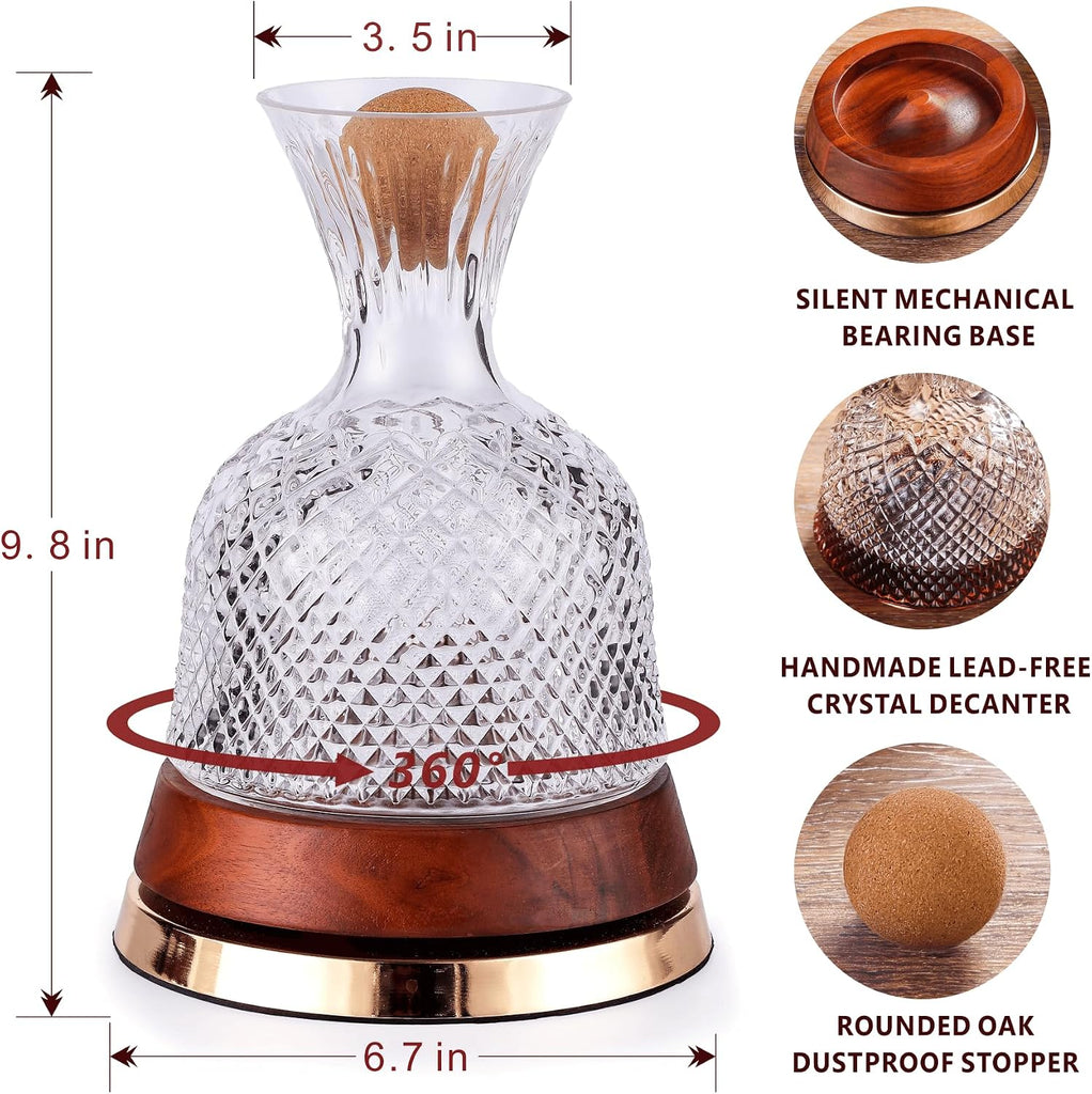 Rotating Wine Decanter with Wooden Base - 360° Spinning Wine Aerator for Fast Oxygenation, Crystal Clear Wine Carafe