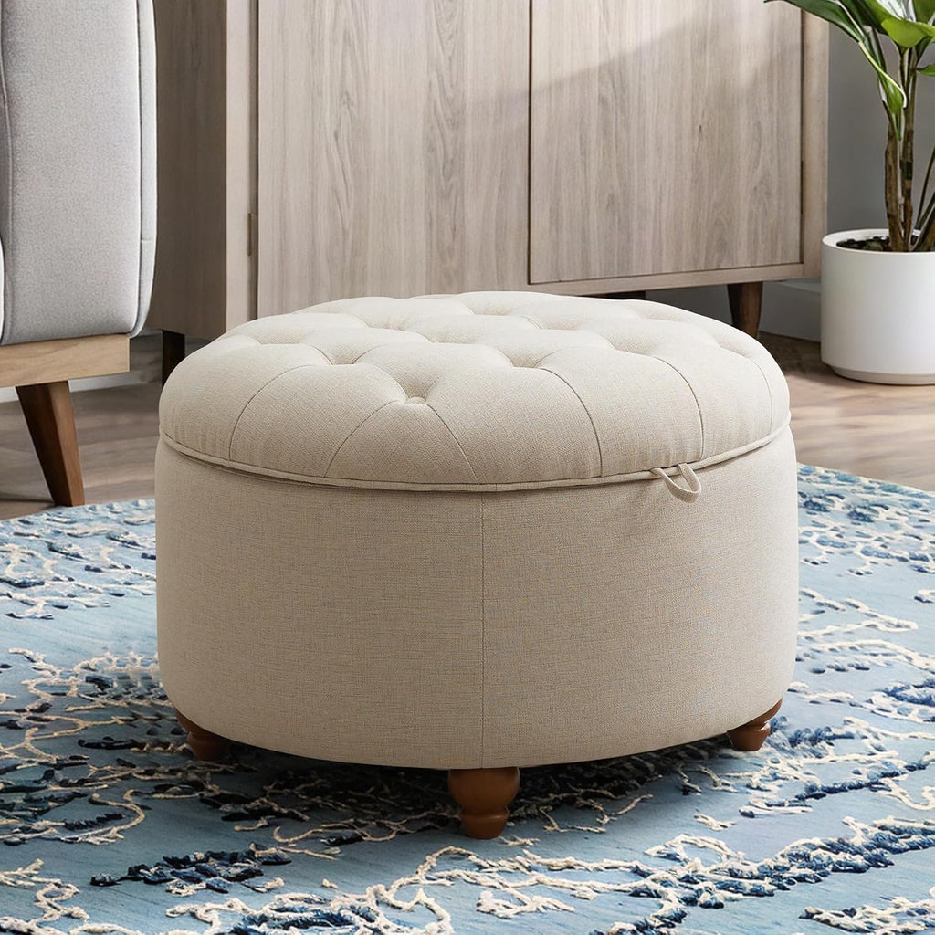24'' Round Ottoman Coffee Table with Storage, Upholstered Tufted Ottoman with Flip Tray, Solid Wood Legs , Khaki
