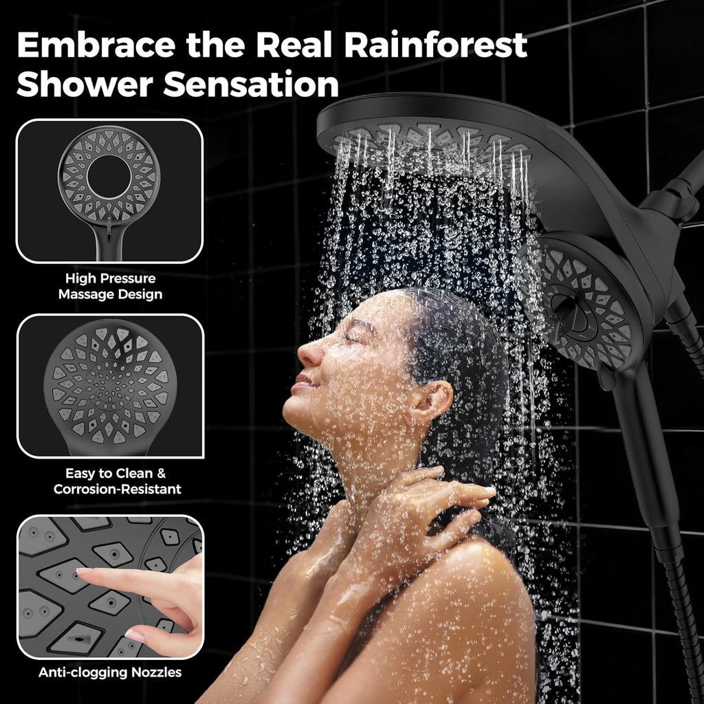 High Pressure Rain Shower Head with Handheld Spray Combo: Detachable Dual Shower Head with 10 Sprays Modes