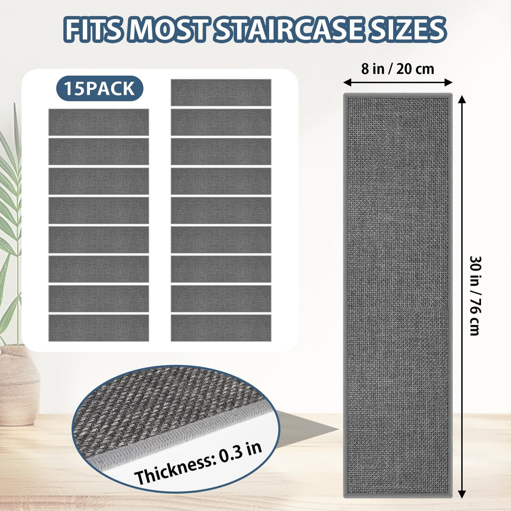 Peel and Stick Carpet Stair Treads for Wooden Steps Set of 15, Non Slip Adhesive Jute Stair Mats Indoor, Rubber