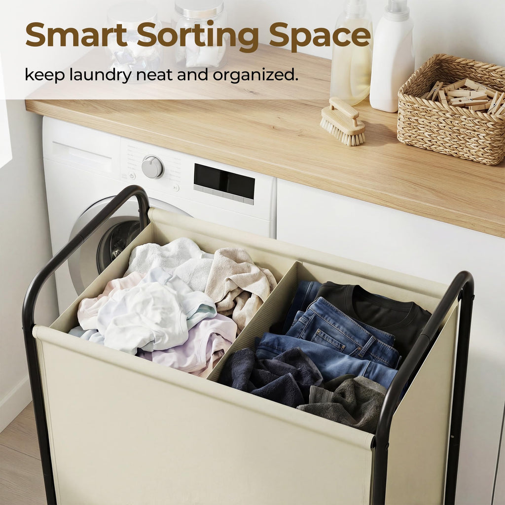 2 Section Laundry Sorter, 130L Large Hamper Basket with Wheels