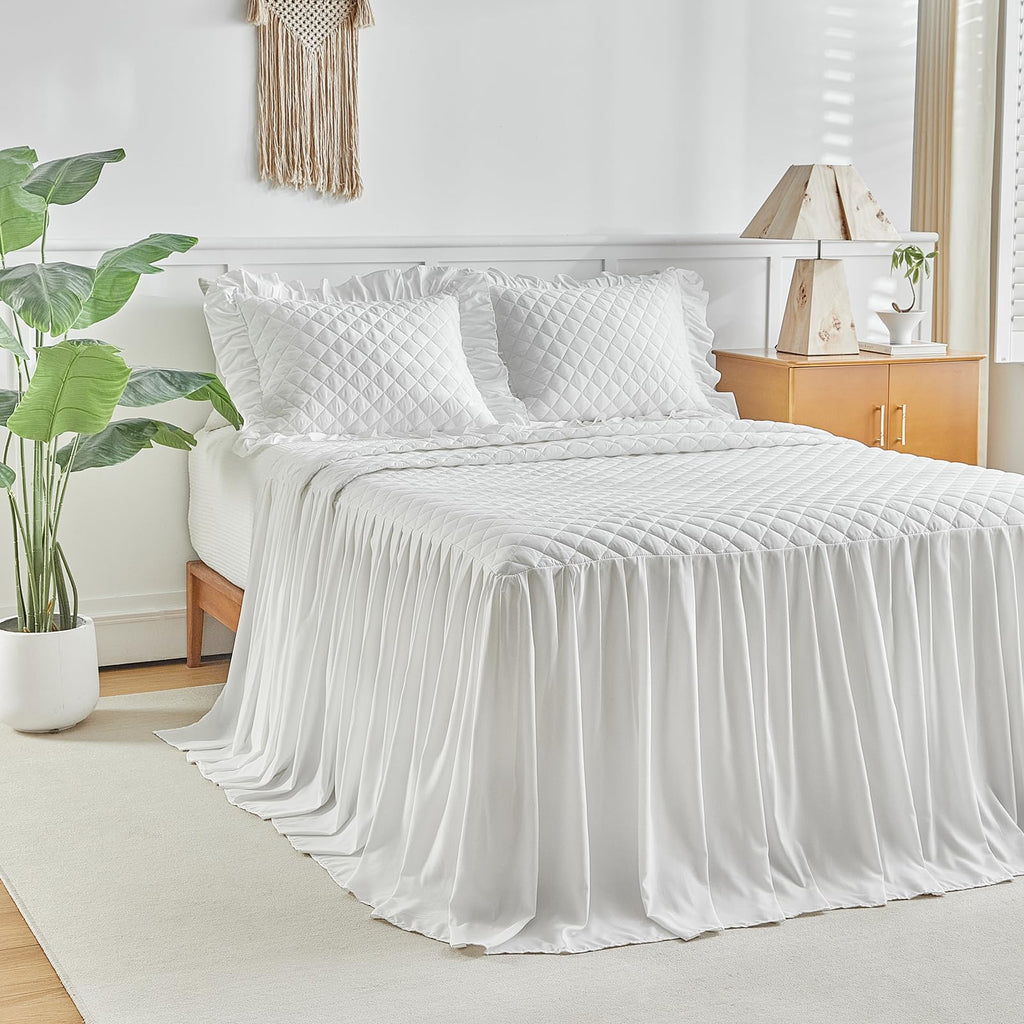 Ruffle Skirt Bedspread Set - 30" Long Drop - Vintage Chic Ruffled Summer Coverlet Bed Spreads Quilt Boho Bedding