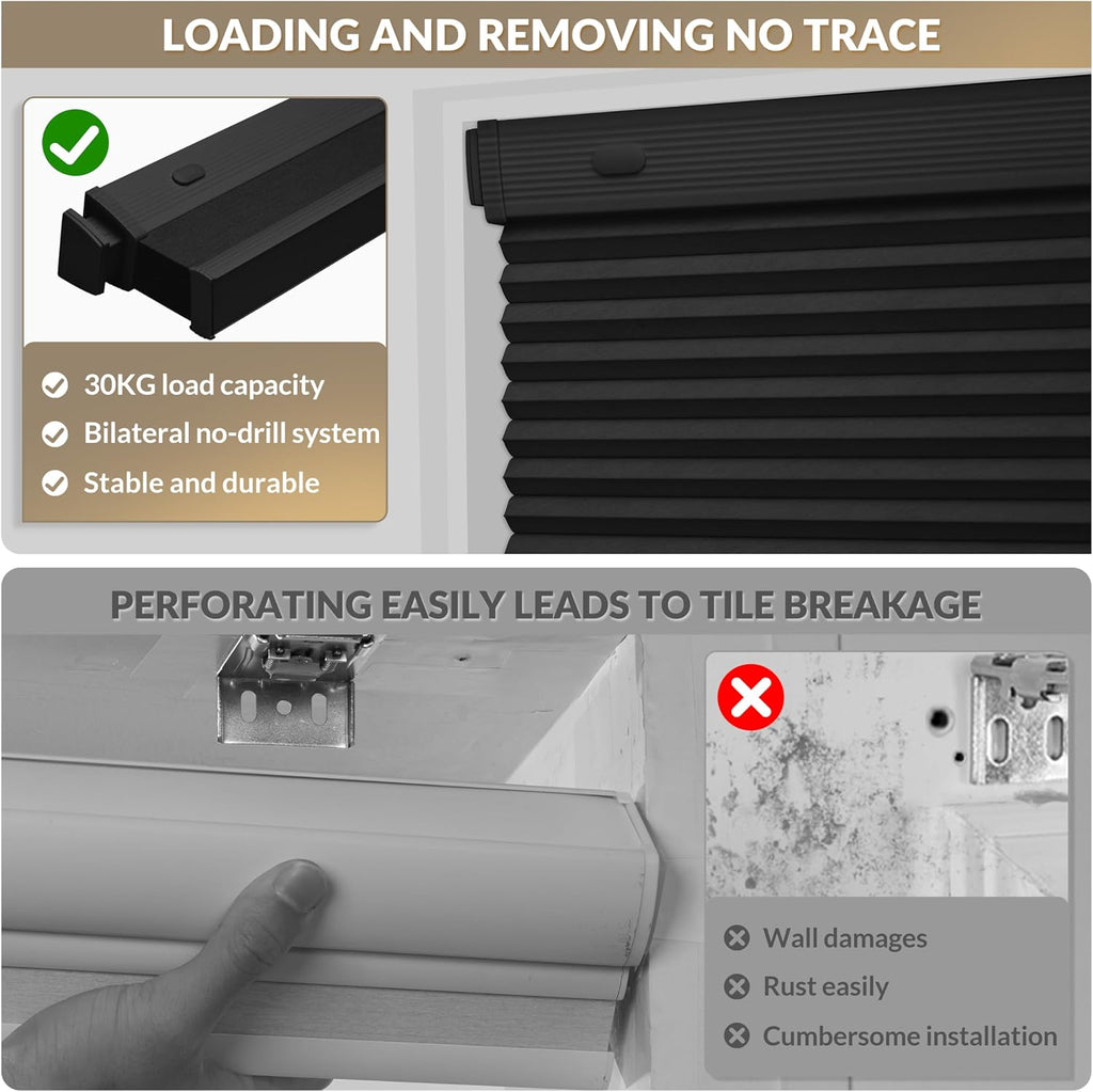 No Drill Cellular Shades Windows,Black,21" W x 48" H
