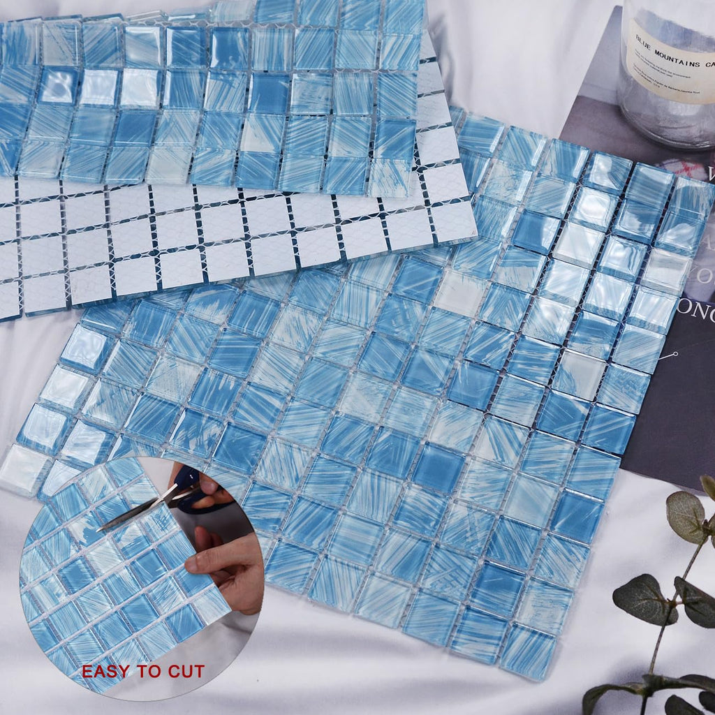 8PC Glass Mosaic Pool Tile, Blue Waterproof Floor & Wall Tiles