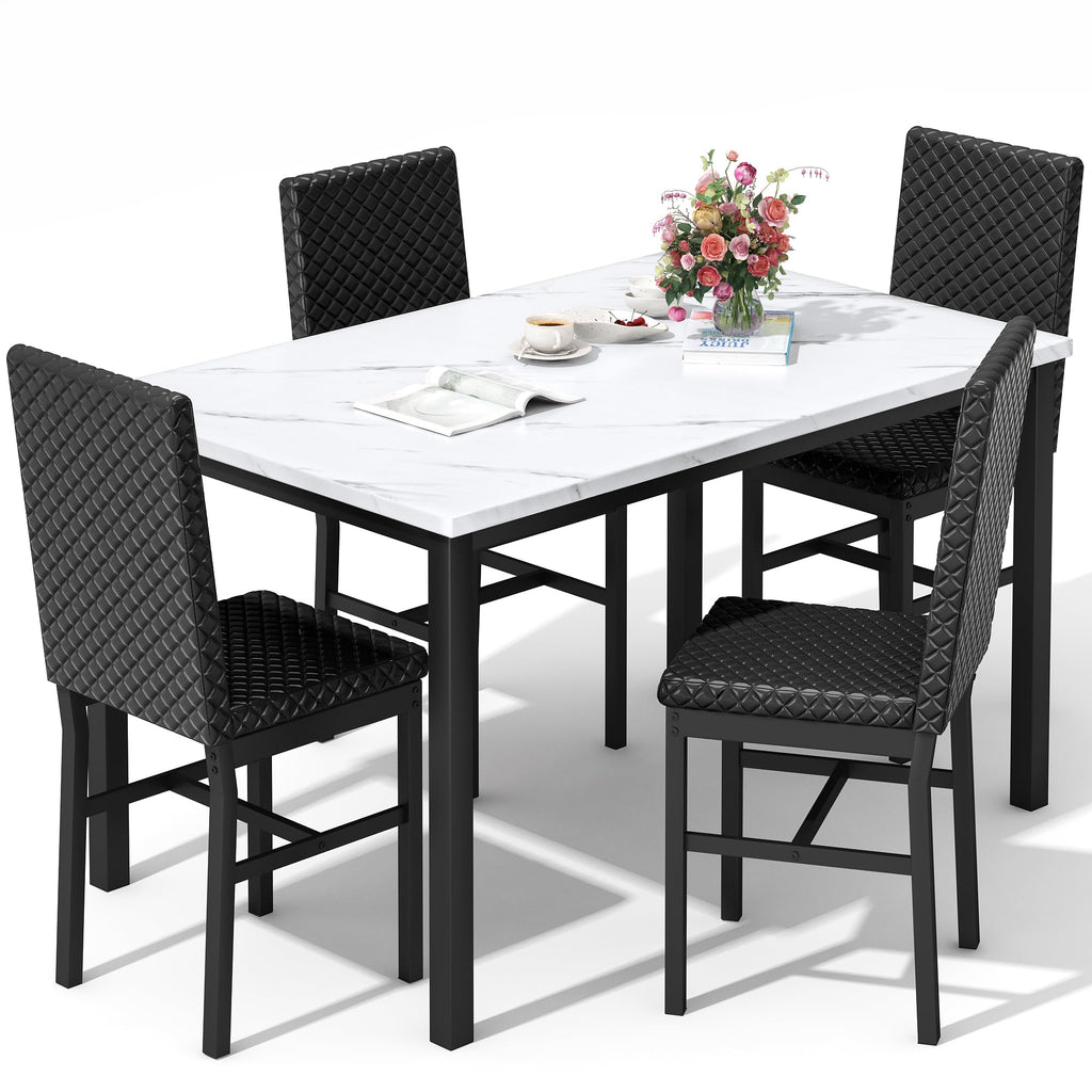 Dining Table Set for 4 Kitchen Table and Chairs Set of 4 Faux Marble Dining Room Table Set Dinner Table with 4 PU