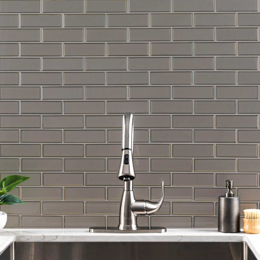 Glass Mesh Mounted Mosaic Tile | Champagne Bevel Subway | 2" x 6"