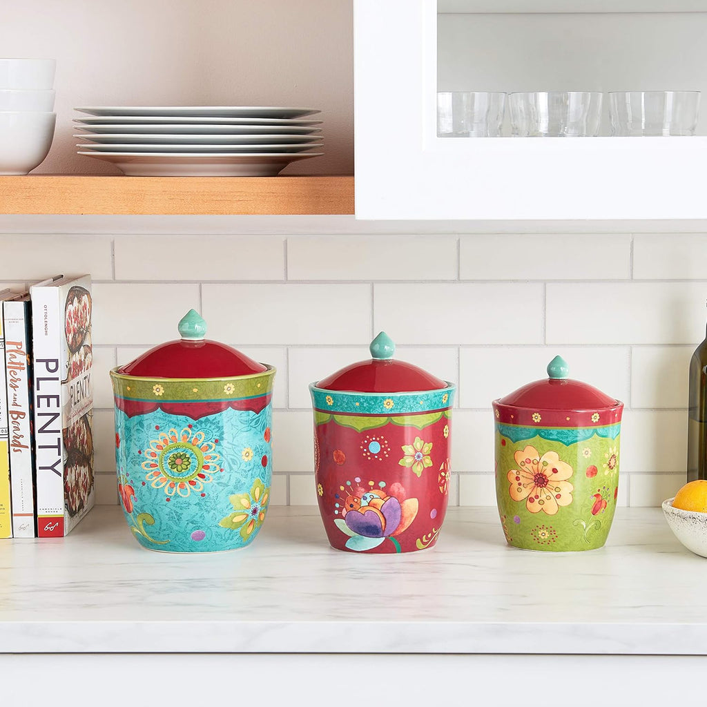 Tunisian Sunset 3-Piece Ceramic Canister Set - Colorful Floral Kitchen Storage Jars with Lids, Includes 104 oz., 72