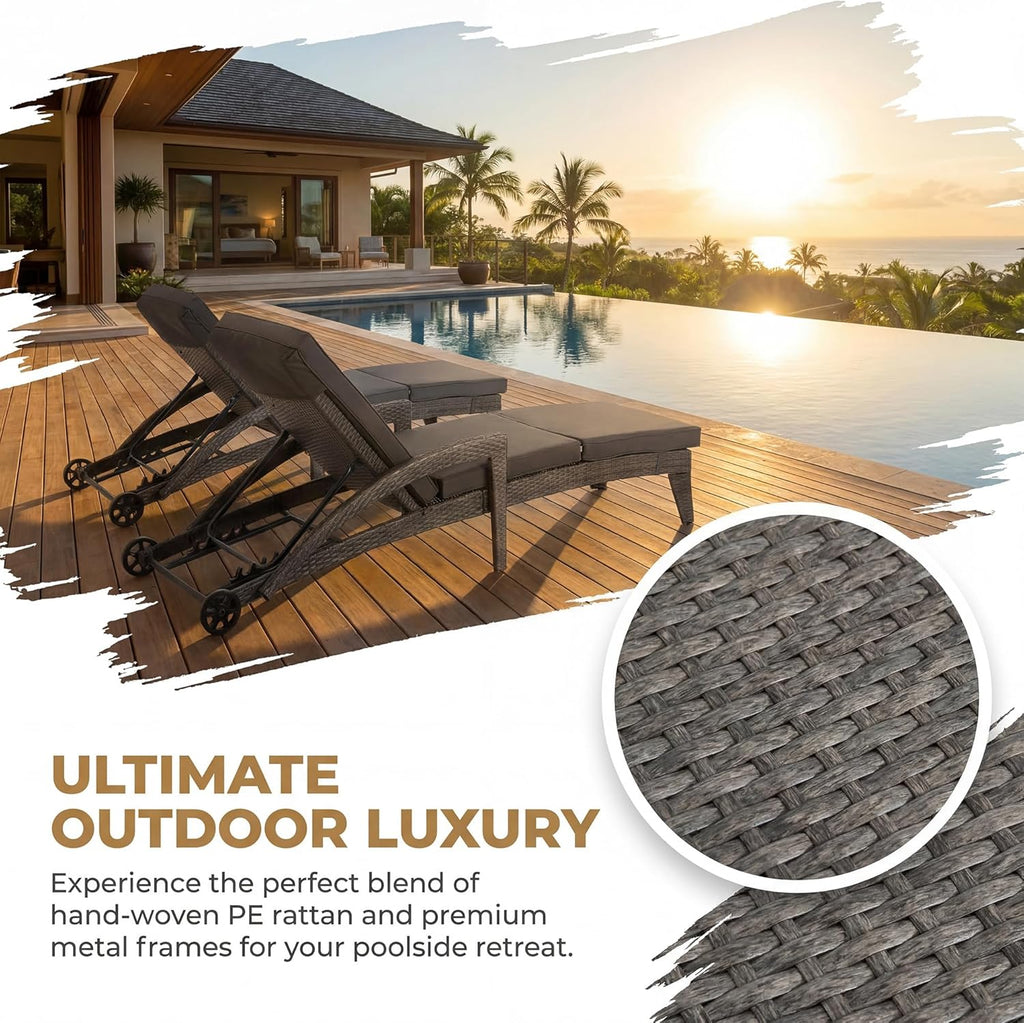 Chaise Lounge Chairs Set of 2, Upholstered 5-Positions Adjustable Lounge Chairs, Wicker Outdoor Long Reclining Chaise
