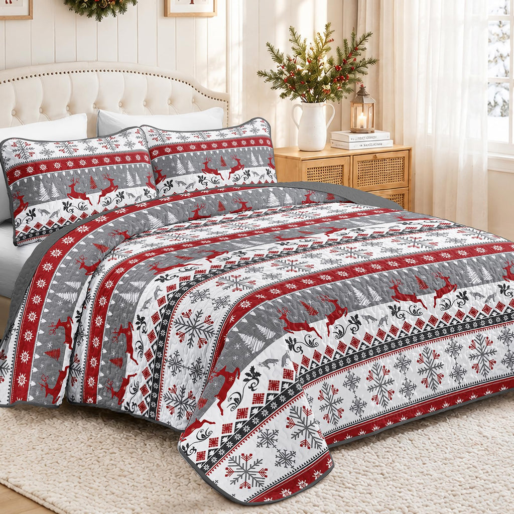 King Size Christmas Quilts, Striped Xmas Bedspread, Red White