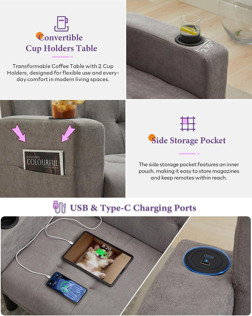 Light Grey Couch and Chairs Set, 3 Piece Living Room Furniture Set with USB & Type-C Ports, Fabric Loveseat Sofa and