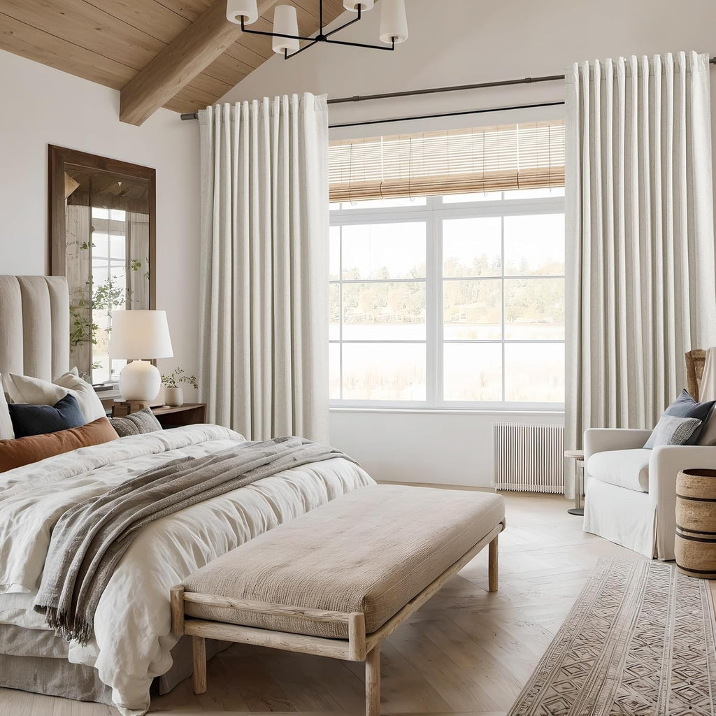 Cream 100% Blackout Linen Curtains 96 Inch Length Ceiling to Floor 2 Panels 8 FT for Living Room Bedroom Back Tab