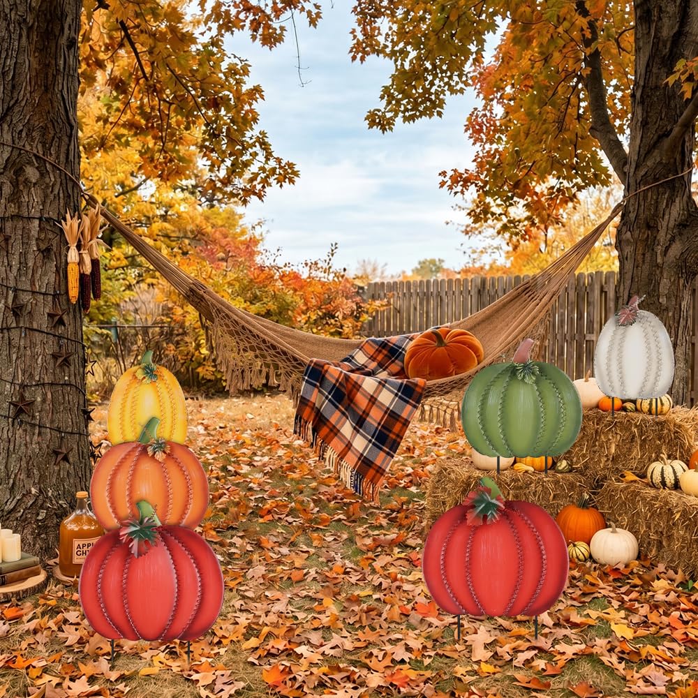 Fall Decorations Outdoor, 34" 2PCS Decorative Garden Stakes with 6 Pumpkins for Fall Decor, Metal Yard Signs Outside