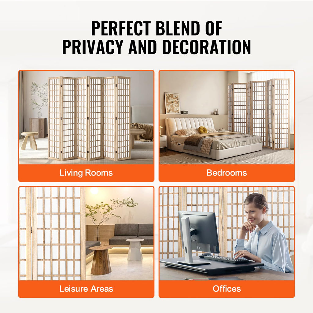 Room Divider, 6 Panel Japanese Room Divider, Wood Folding Privacy Screen Indoor, Partition Dividers Portable
