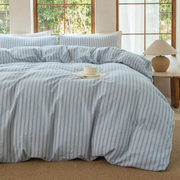 Luxury 100% Washed Cotton Linen Like Duvet Cover Set, 3 Pcs Striped Duvet Cover with Zipper Closure(Strip-Cornflower