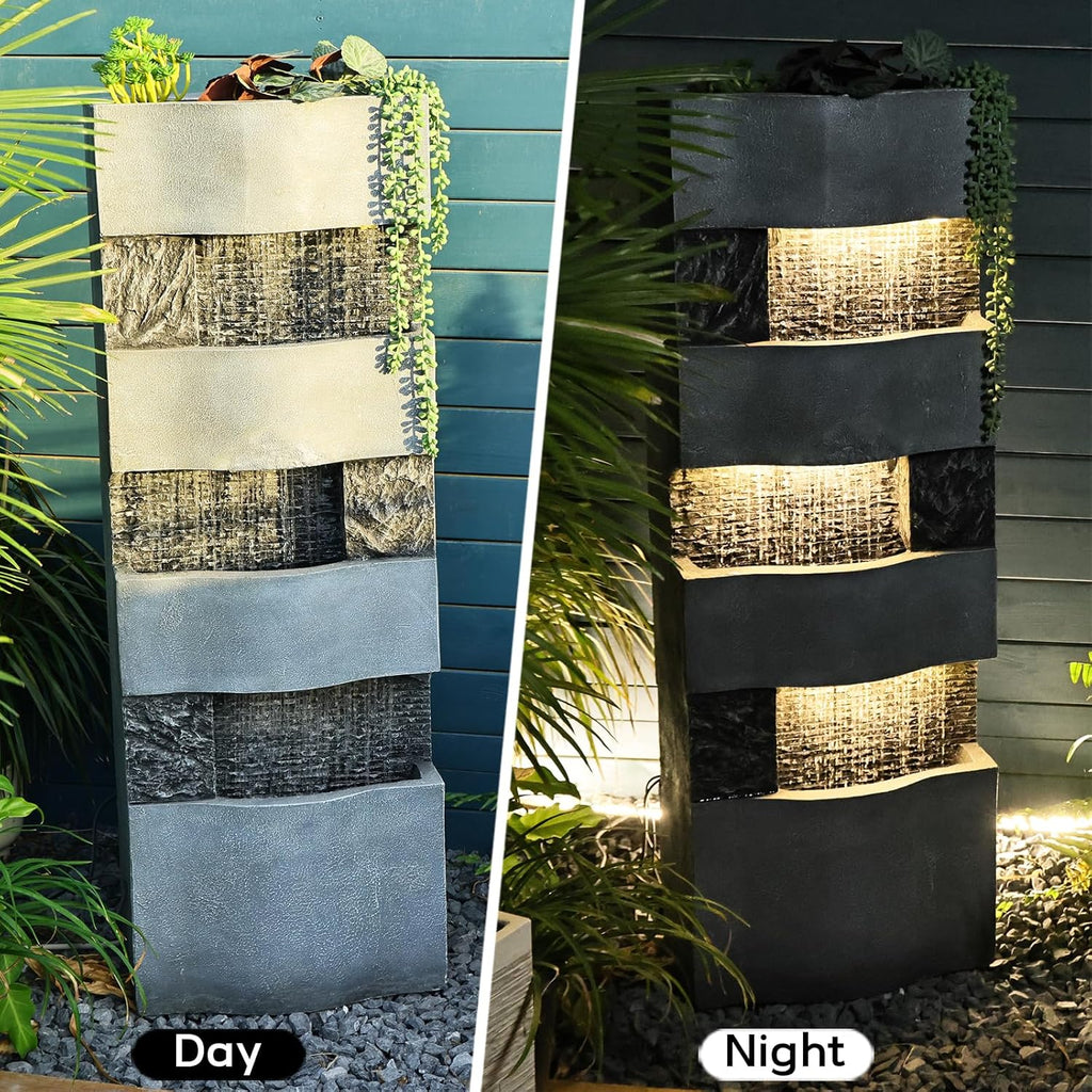 40.5''H Garden Water Fountain Outdoor,4 Tiers Floor Standing Waterfall Outdoor Fountains with LED Lights