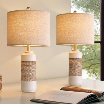 23.75" Bedside Table Lamps Set of 2 for Sleeping and Reading, Vintage Farmhouse Rattan Table Lamp Antique White Resin